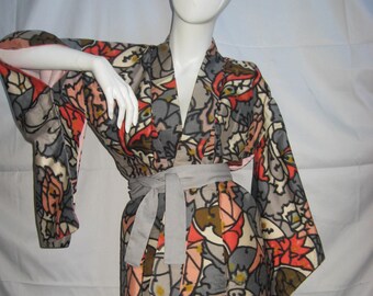 Kimono, Meisen-Silk, Vintage Perfect, Japan, Ikat, Abstract, Floral, Wild, grey, salmon-orange, off-white, black, top condition