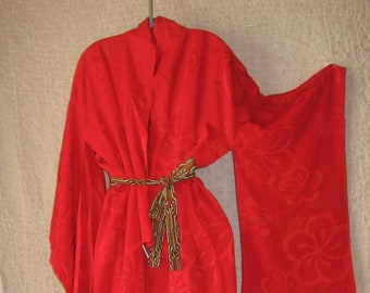 Kimono, Juban, vintage vers 1940-60, rouge scandaleux, soie la plus fine, jacquard, Nagajuban, fleurs, or, robe de chambre