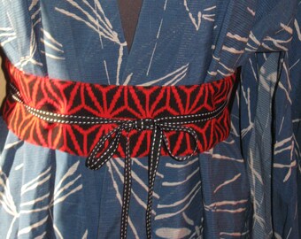 Belt, wrap belt, kimono fabric belt, wool mix, Asanoha, red (intense) / black, Ikat