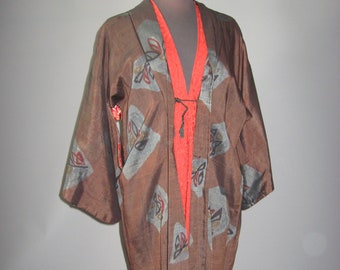 Veste kimono, haori, vintage vers 1940-1950, Japon, motif ikat, marron cuivré, abstrait, doublure coton magique, grue origami, automne