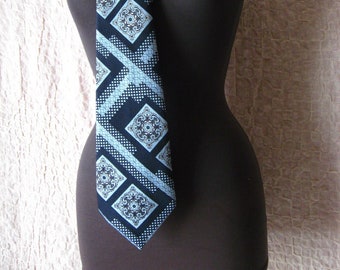 Tie, Polyester, Vintage, 70s, Blue/Light Blue, Geometric, Floral, Woven Pattern, Tie