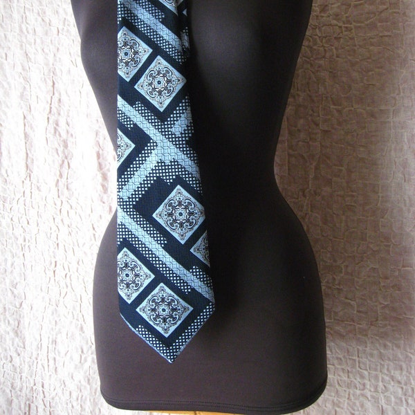 Krawatte, Polyester, Vintage, 70er Jahre, Blau/Hellblau, Geometrisch, Floral, gewebtes Muster, Schlips