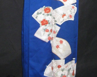 Kimono, silk, clear medium blue, ultramarine, fans, flowers, yuzen, partially embroidered, camellia, chrysanthemum, vintage in excellent condition