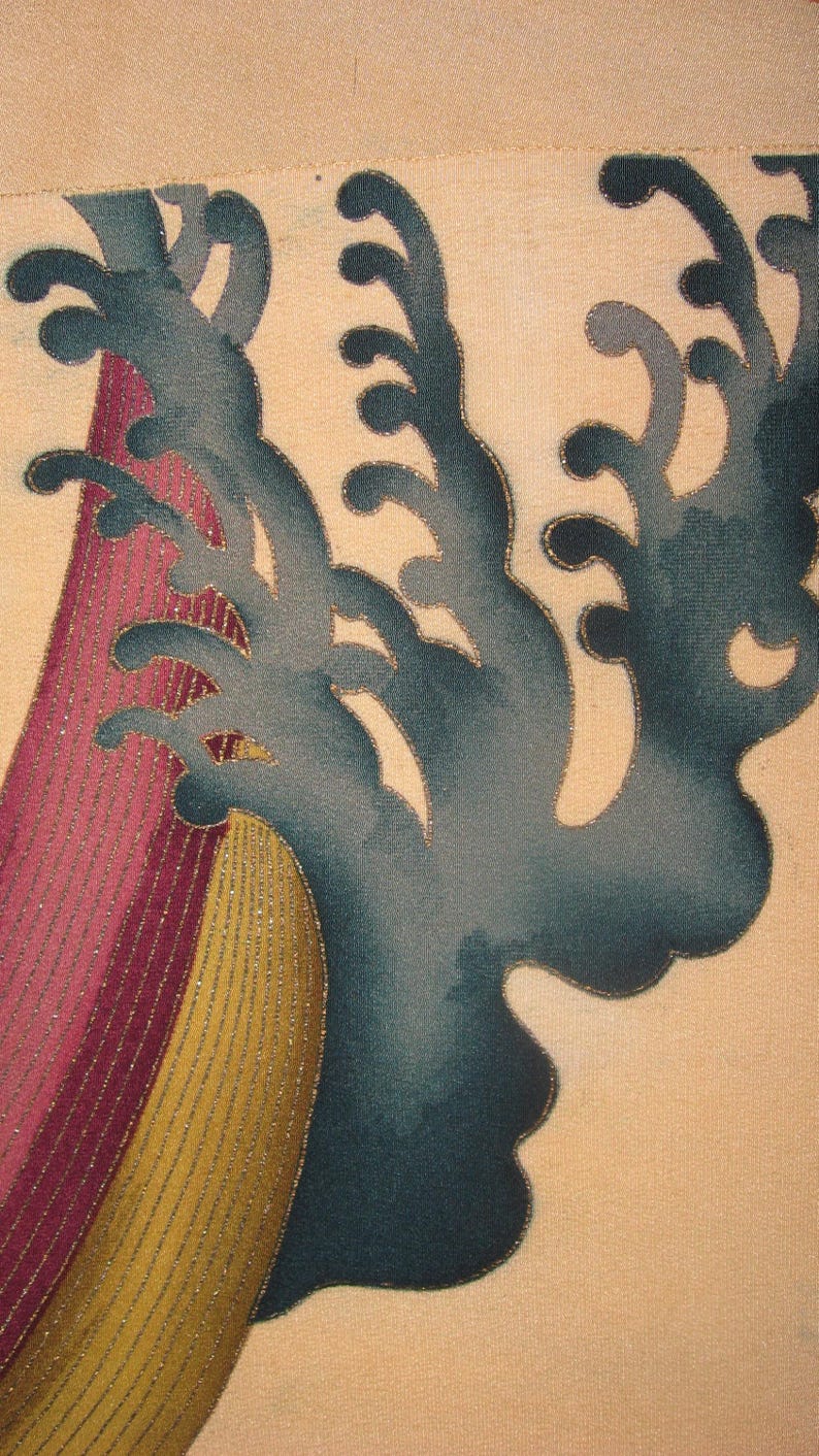 Kimono Silk, 129 Cm X 33 Cm, Yuzen Technique, High Waves, Dramatic