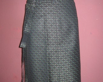 Wrap skirt, kimono fabric, hip skirt, high-quality mixed fabric, skirt, geometric, blue/green, unlined, 36-38, S, unique, chrysanthemums, hexagon