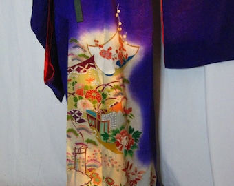 Kimono, silk,**flowers, partially embroidered, ஐ carriage, ultraviolet/pastel, jacquard, playful, light silk, embroidery, antique