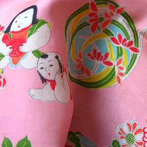 Kimono silk, GOSHO DOLLS, sweet, vintage antique, Japanese dolls, flower balls, pink salmon rose/colorful, magical