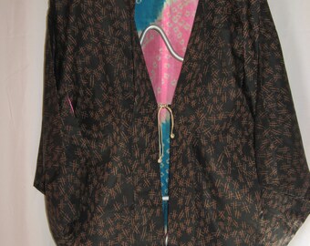 Kimono jacket, haori, long, kimono, brown, vintage, knee-length, dark brown with geometric pattern