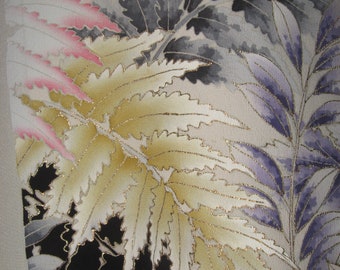 Kimono silk, antique, Chirimen, leaves, branches, AMAZING, hand-painted, silk crepe, high-class, fern, around 1920-1950