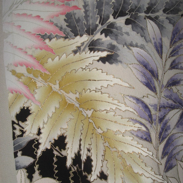 Kimono silk, antique, Chirimen, leaves, branches, AMAZING, hand-painted, silk crepe, high-class, fern, around 1920-1950