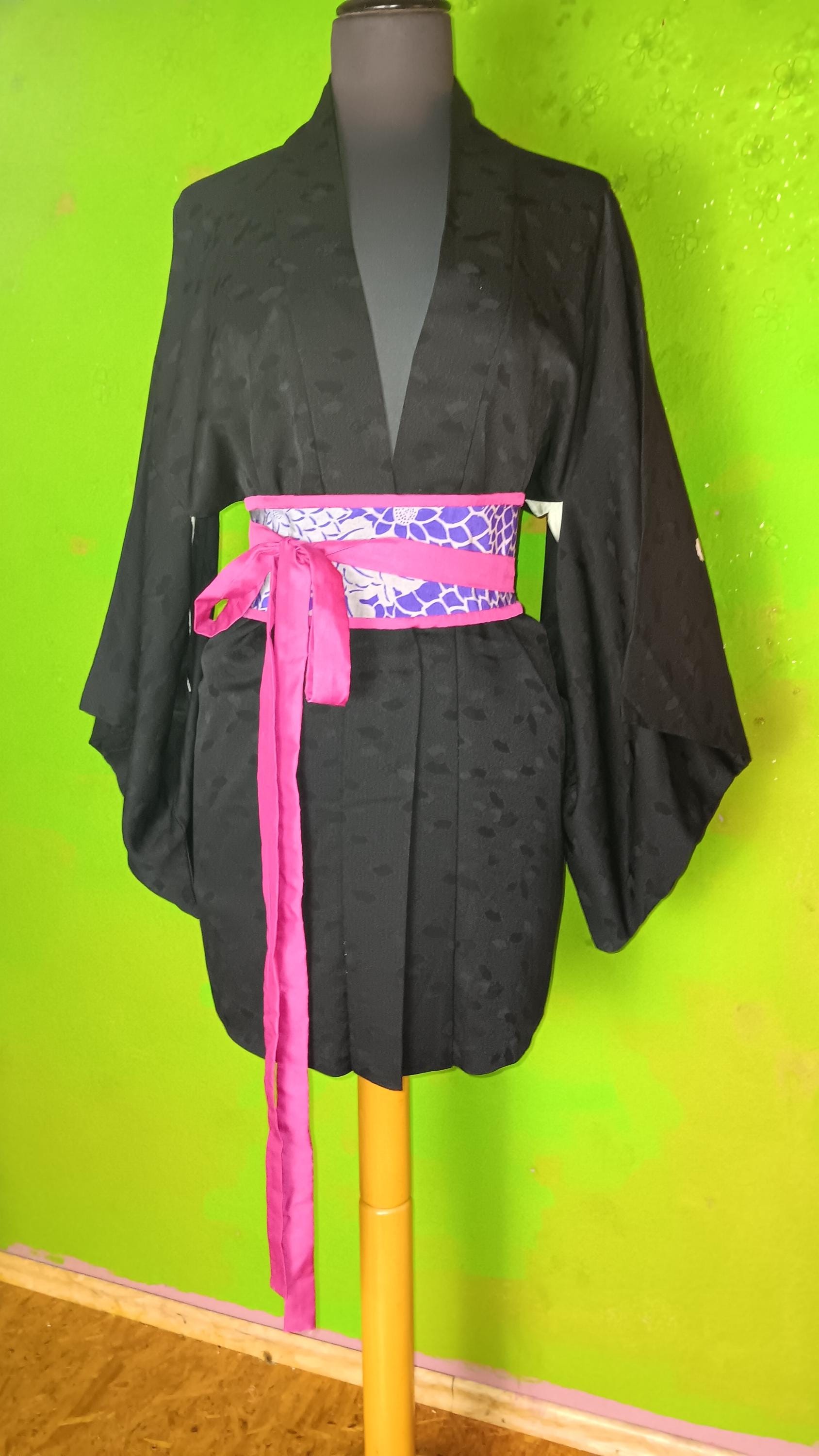 Reversible belt, wrap belt, eye-catcher, obi, belt, kimono silk, antique, chrysanthemums purple/grey - pink rose, light, kimonos+other garments
