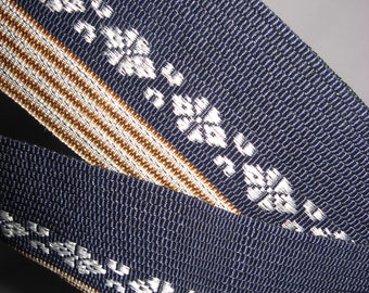 Belt, blue, silver gray, 218 cm x 6.5 cm, silk woven pattern, silk rep, Japan, vintage, flowers, stripes, unique piece, vintage unique!
