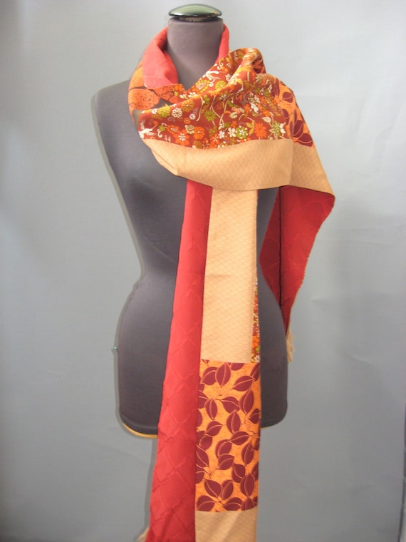 Stola, Kimonoseide, Schal, Seidenschal XL, Neu, Rostrot-orange Highclass, Landschaft, Bäume, Patchwork, Kimonoseide, Chirimen