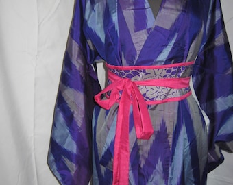 Kimono, Ikat weave, Meisen, silk kimono, vintage, EDEL + Brilliant, ultramarine/purple/gray, around 1930-1950, Japan