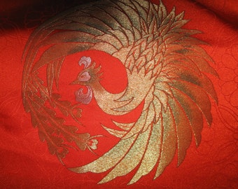 Kimono fabric, Kiri, 155 cm x 37 cm, gold/silver, Phoenix, material, DIY, Paulownia, Obi fabric, unprocessed from roll, orange, floral texture