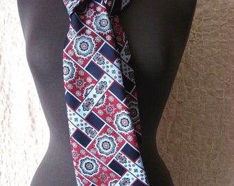 Tie, Polyester, Vintage, 70s, Blue/Red Brown, Geometric, Ornament, Woven Pattern, Tie