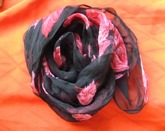 Scarf, second hand, vintage, flower, tie, headband, leaves rose red, - pink, silk