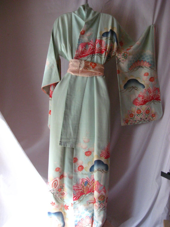 Kimono, dreamy, silk, furisode, yuzen, bleu-sorbet