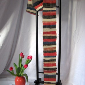 Sakiori, Boro, stripes, black/natural/indigo/red, handwoven, belt, Hanhaba Obi, flat weave, collector, Japan, decoration, antique