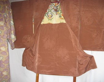 Kimono, antique, haori, silk, women's jacket, silk jacket, kimono jacket, high quality silk, vintage, well-groomed, caramel, narrow, knee-length, size S