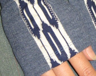 Wrist warmers, cotton rib, kimono silk, new, blue-grey/white-blue, ikat weave, decorative wrist warmers, arm warmers, kimono fabric
