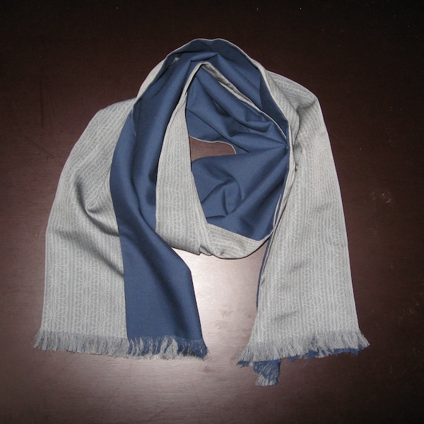 Scarf, ELEGANT, noble, soft, silk/wool, kimono silk high-class scarf, unique, Asanoha, grey-blue, INDIGO, geometric, men's scarf, unisex