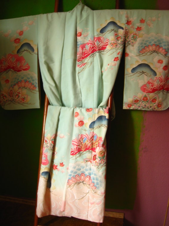 Kimono, beautiful, silk, furisode, yuzen, blue-sor