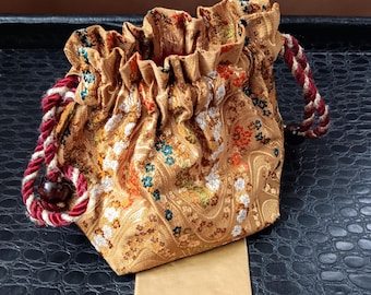 Bag, kimono bag, silk pouch, vintage, kinchaku, Japan, obi remake, gold/multicolored, pouch