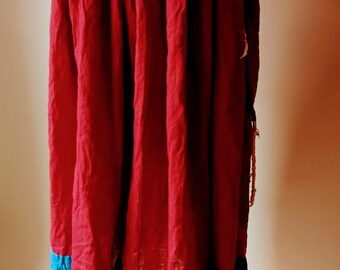 Skirt, Second Hand, Vintage, Tomato Red/Green, Reversible Skirt, Cotton, Pleated Skirt, Boho, Gypsy