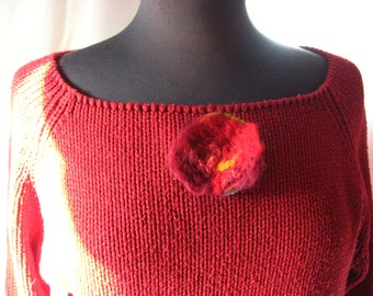 Brooch, material mix, merino wool/silk fibre, unique, red tones, handmade, felt brooch, sweater brooch