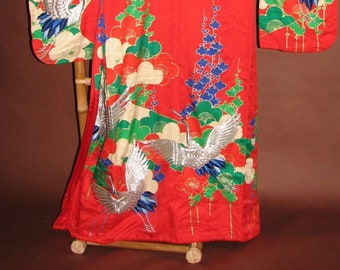 Kimono, Flying Cranes, silver/blue, embroidered, wedding kimono, uchikake, red, Japan, vintage, lucky symbol, silk kimono, magnificent