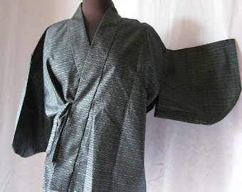 Kimono jacket, haori, vintage perfect, hanten, douchugi, wrap jacket, silk, high-class, elegant, geometric, woven pattern, indigo, 34/36