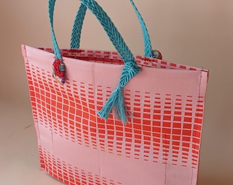 Bag, Obi bag, robust silk grosgrain, Obi remake, old/new, geometric, bright orange/light orange/turquoise, fields, summer bag