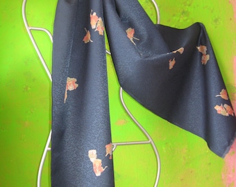Scarf, 167 cmx37 cm, silk scarf, dark turquoise petrol/coloured, fabric, Kabuki, figures, No-Theatre, traditional, denim blue, indigo synthetic fibre,