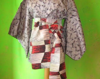 Belt/sash/scarf, 254 cm x 17 cm, kimono fabric, unique piece, ikat pattern, geometric, titmouse silk (taffeta), XL, obi, new made from old kimono silk