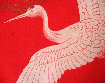 Kimono silk 56 x 35 cm silk crepe old material DIY wall hanging Yuzen flying cranes bird red-orange/white gold