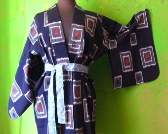 Veste kimono, haori, soie, omeshi, vintage parfait, Japon, ikat, graphique, géométrique, tissage ikat, non doublé, léger