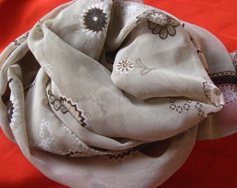 Scarf, second hand, vintage, flower, tie, headband, beige-grey/brown/white, vegan, polyester