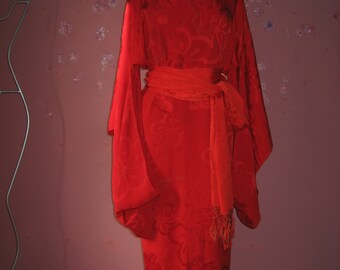 Kimono, Juban, Vintage um 1940-60, Unverschämt Rot, feinste Seide, Jacquard, Nagajuban, Blüten, Gold, Morgenmantel