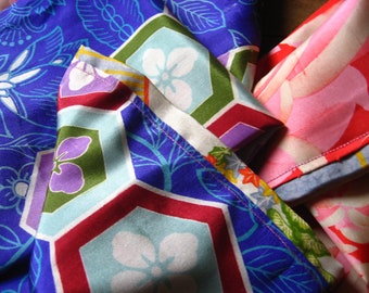 Sjaal, patchwork, antiek/vintage Juban kimono zijde, zijde, kimono remake, oud/nieuw, blauw/roze rood/kleurrijk, spinchrysant, geometrie, zeshoek