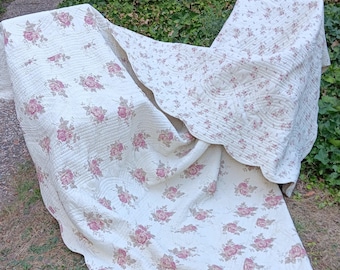Blanket, French, bedspread, throw, quilt, romantic roses, France, vintage, shabby chic, wall hanging, 2.5 x 2.3 m, vintage