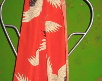 Seta kimono, 180 x 33 cm, seta, vecchio, materiale, fai da te, decorazione da parete, murale, gru volanti, uccello, rosso-arancione, quasi una sciarpa