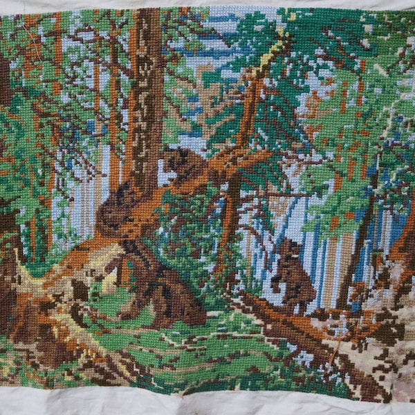 Vintage hand embroidery, Antique cross-stitch picture, soviet tapestry, gobelin  carpet hunting, tapestry carpet, wall carpet, Vintage USSR