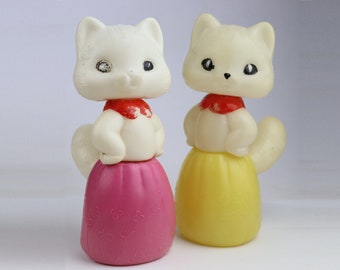 18 cm Pair of Soviet plastic kitties. vintage plastic toy cat in a dress. Soviet Toy.Vintage Toy. Soviet pussycat. christmas gift. gift idea