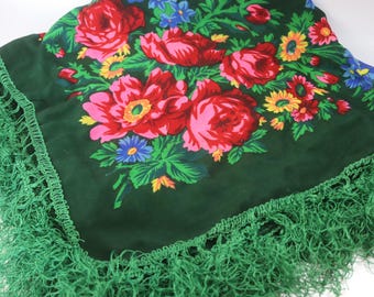 Vintage Japanese Wool Headscarf Gloria Floral Rose Folk Scarf Green Fringe Babushka Shawl 1970s 1980s 76x76cm