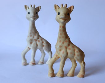 Duo de 18 cm de girafe en caoutchouc vintage, jouet en caoutchouc, poupée, vieux jouet camelopard, jouet de l'époque soviétique, jouet yougoslave, poupée en caoutchouc yougoslave