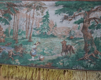 Rare vintage cotton carpet, tapestry carpet, vintage wall carpet, bedspread, rustic carpet, Vintage carpet, rug,Little Red Riding Hood, wolf