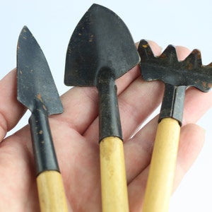 Puede incluir: Tres herramientas de jardinería en miniatura con mangos de madera. Las herramientas son una pala, una azada y un rastrillo. Las herramientas son de metal y tienen un acabado negro.