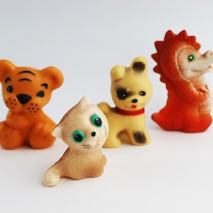funny vintage little rubber soviet toy, cartoon heroes, cat tiger dog dragon baby animal miniature toy soviet doll ussr cartoon catty doggy