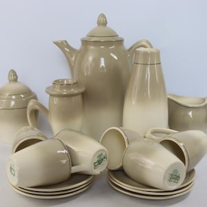 Puede incluir: Un juego de té de cerámica con acabado degradado en beige y crema y bordes finos en tono dorado. El conjunto incluye una tetera con tapa, un azucarero con tapa, una jarra de leche, una jarra alta y varias tazas y platillos con marcas verdes.